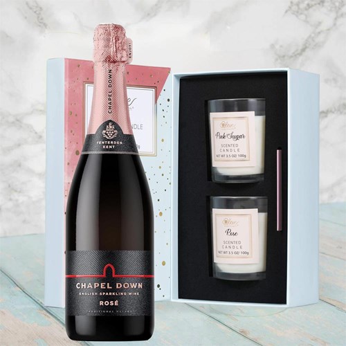 Chapel Down Rose English Sparkling Wine 75cl With Love Body & Earth 2 Scented Candle Gift Box